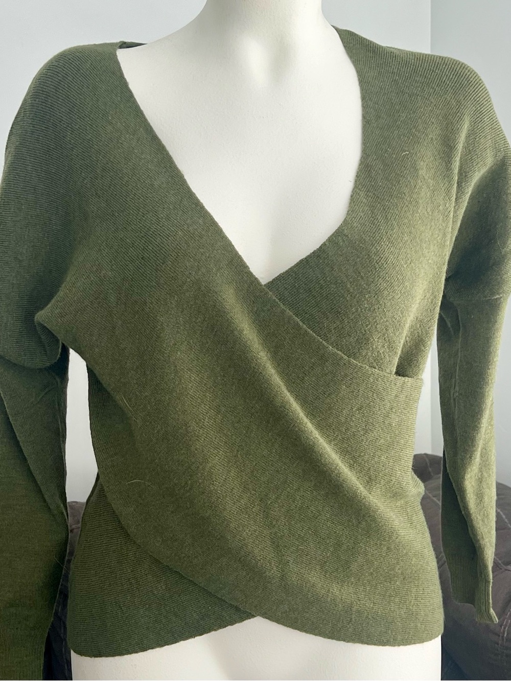 Women's Olive Green Wrap V-Neck Sweater